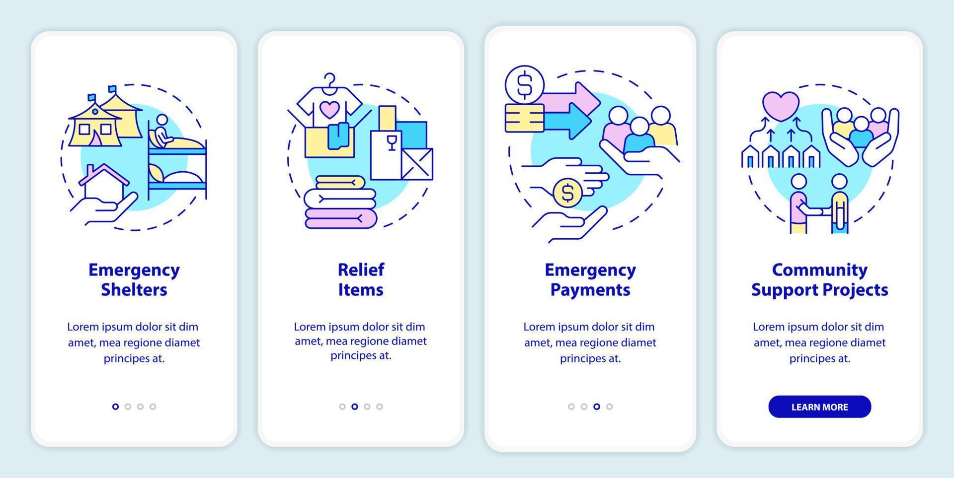 Ways to help refugees onboarding mobile app screen. Emergency walkthrough 4 steps graphic instructions pages with linear concepts. UI, UX, GUI template. vector