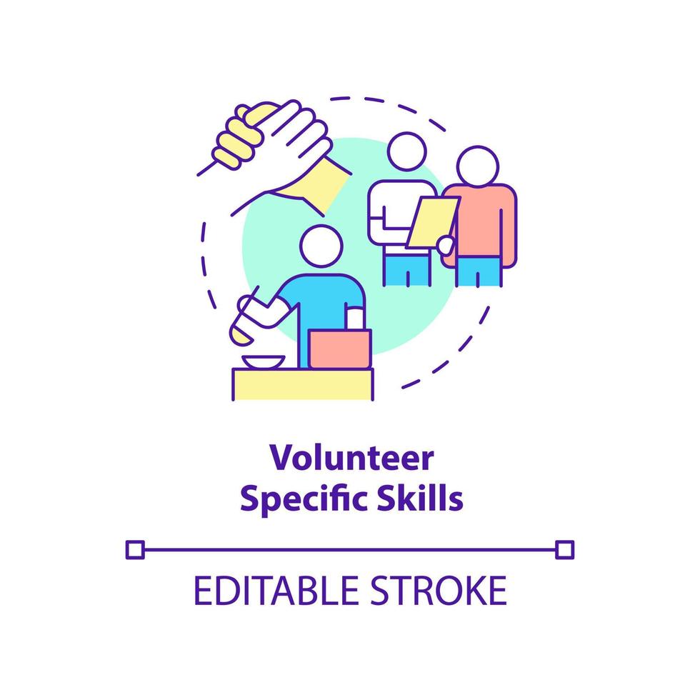 Volunteer specific skills concept icon. Assist and provide service. Helping refugees abstract idea thin line illustration. Isolated outline drawing. Editable stroke. vector