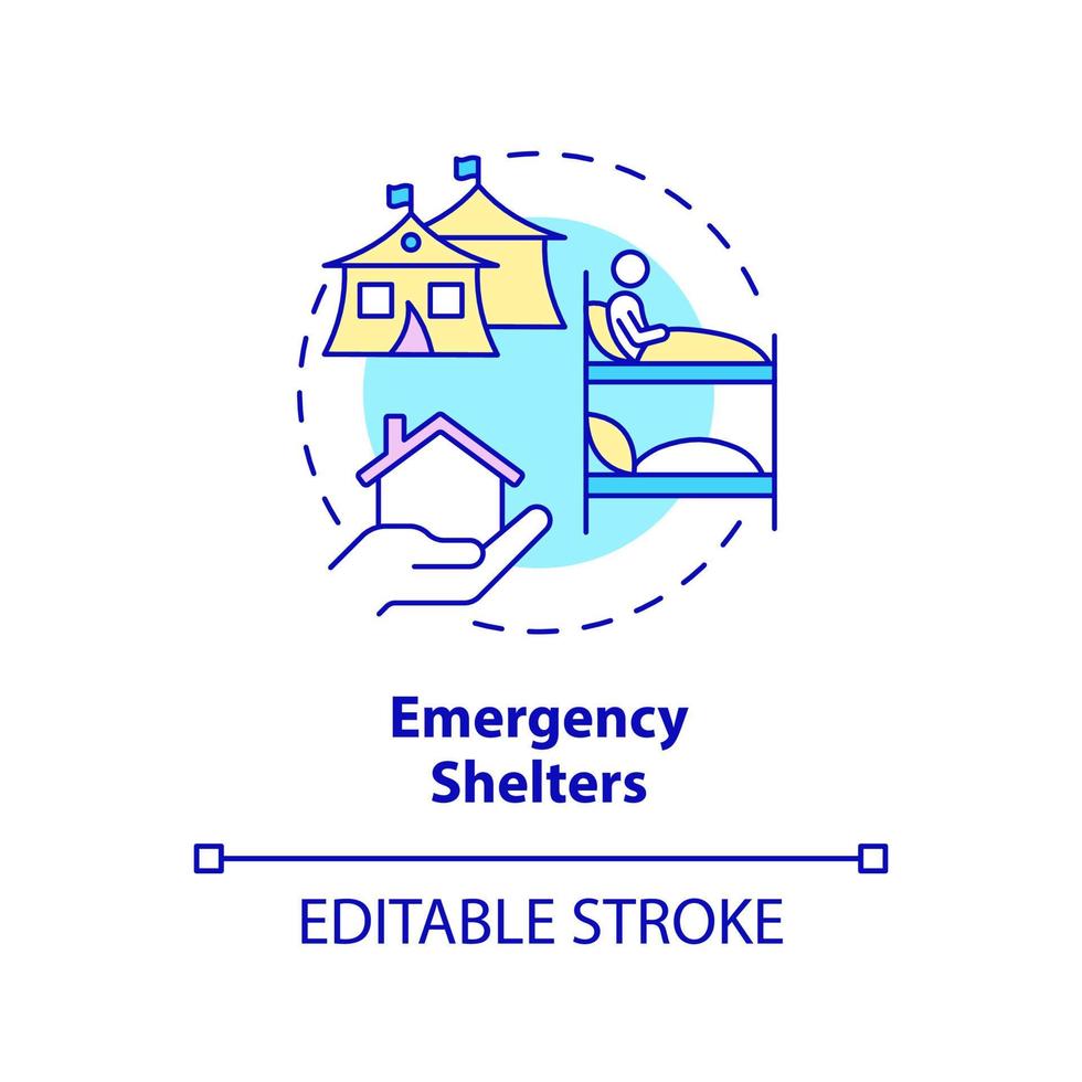 icono del concepto de refugio de emergencia. espacio de vida temporal. forma de ayudar a los refugiados idea abstracta ilustración de línea delgada. dibujo de contorno aislado. trazo editable. vector