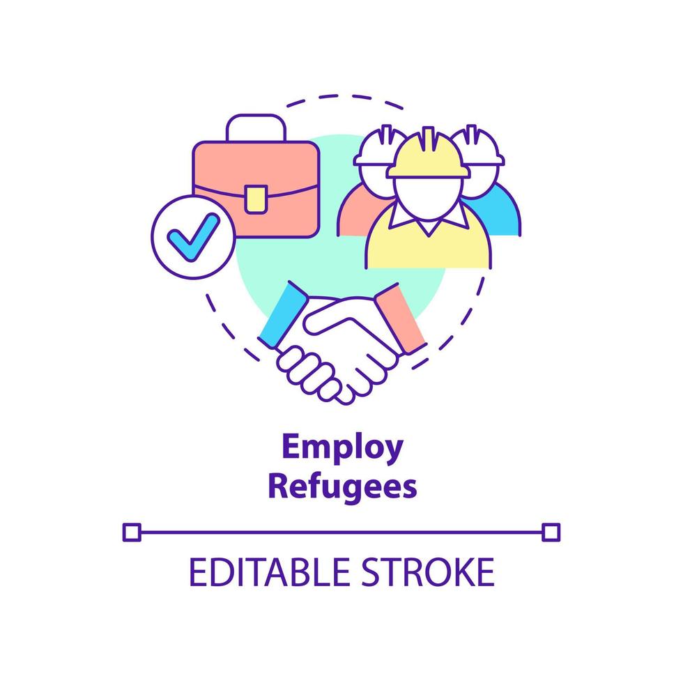 Employ refugees concept icon. Provide workplace. Helping refugees abstract idea thin line illustration. Isolated outline drawing. Editable stroke. vector