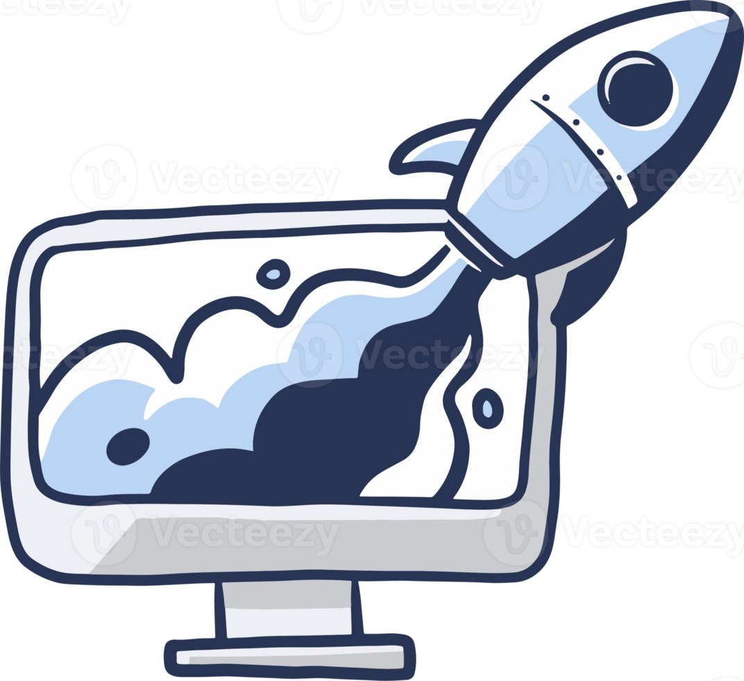 the computer with rocket slid out from inside the screen. illustration of a trending startup industry png