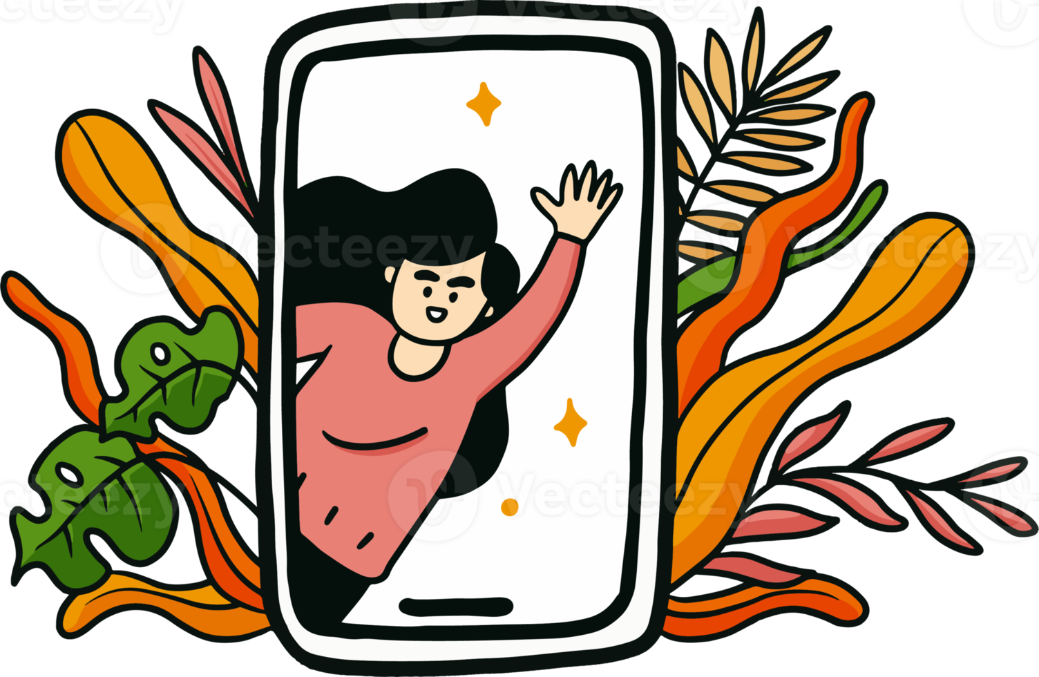 Frauen kommen vor dem Hintergrund von Blättern und Blumen aus dem Smartphone. Illustration einer frauenfreundlichen Start-up-Branche png