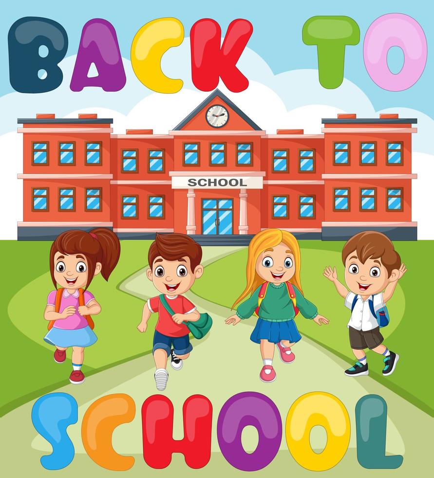 Back to school. Happy school children in front school building vector