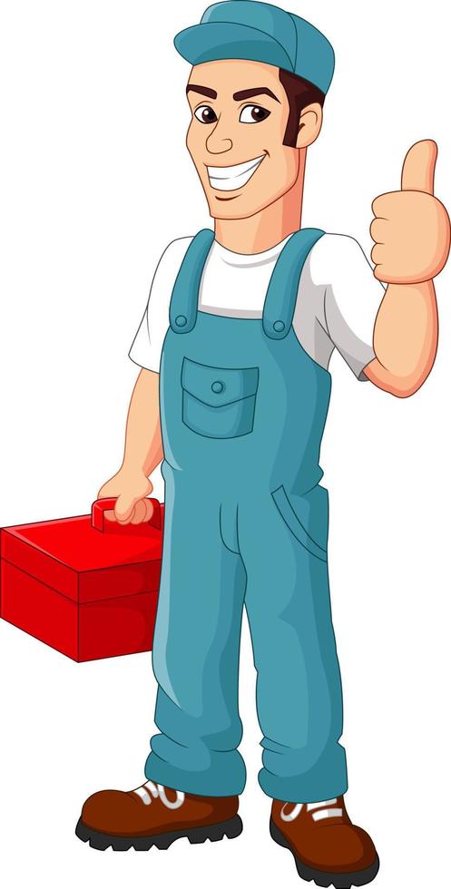 Friendly Mechanic with toolbox giving thumbs up vector