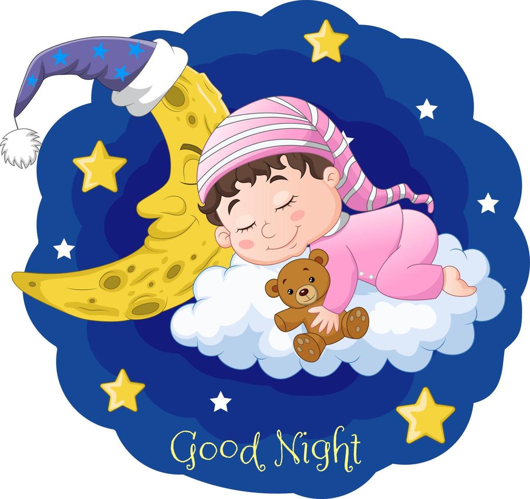 bebé de dibujos animados durmiendo con oso de peluche y luna en las nubes vector