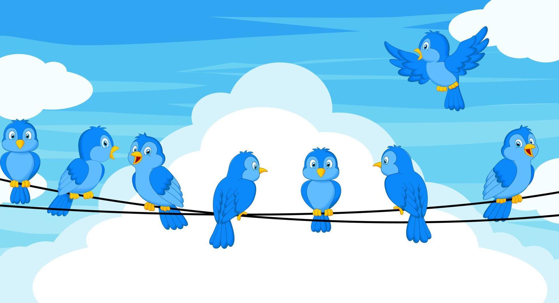 Set of blue bird cartoon sitting on wires vector