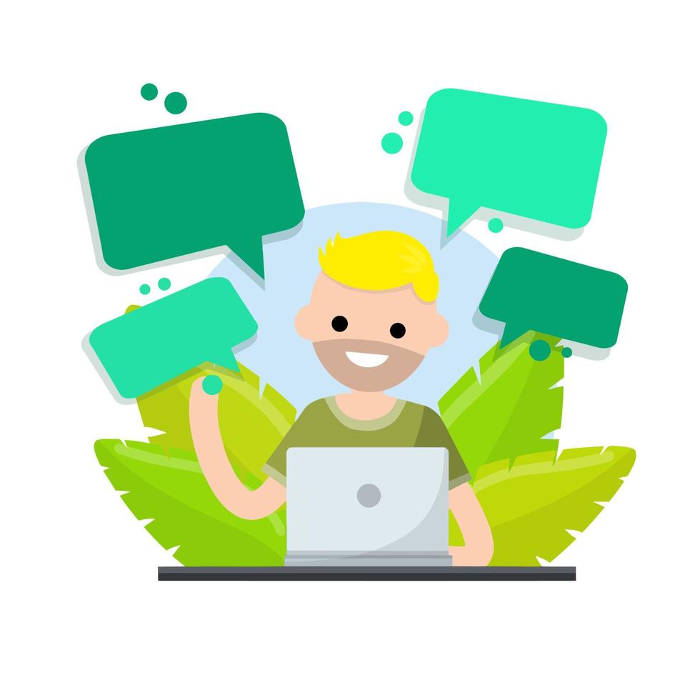 Man sit at table with laptop. Concept of Education. Teaching and learning. Green plant leaves. Flat cartoon Cloud text bubble dialog. Conversation and Talk. vector