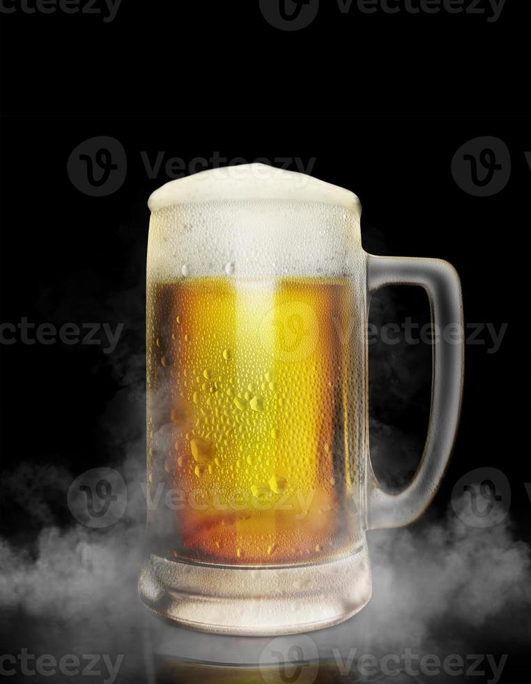 Beer glass with water drops on the white color smoke dark background. 3d render photo