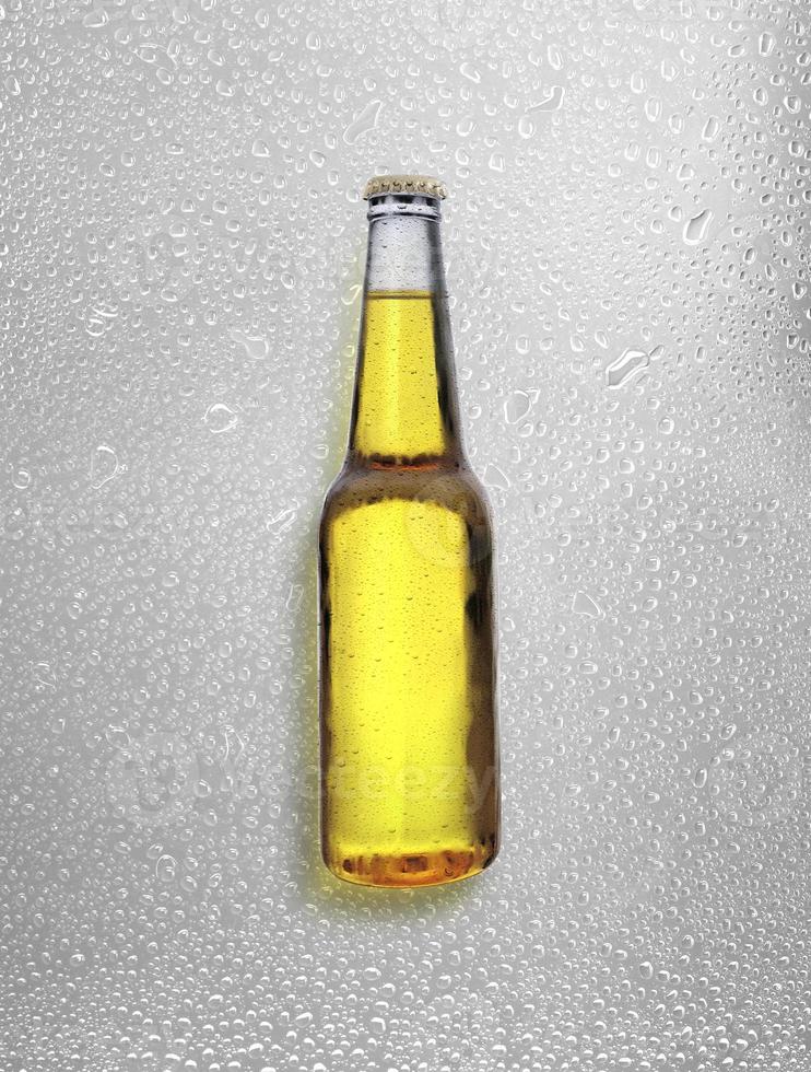 Beer bottle with water drops on water drops background. 3d render photo