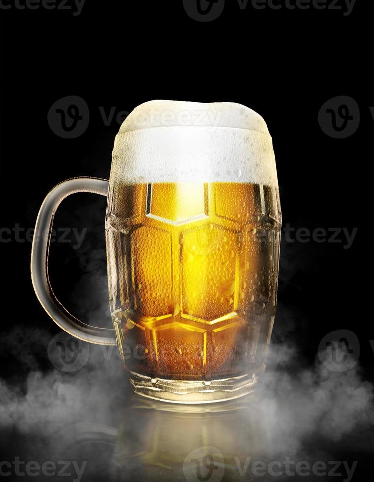 Beer glass with water drops on the white color smoke dark background. 3d render photo