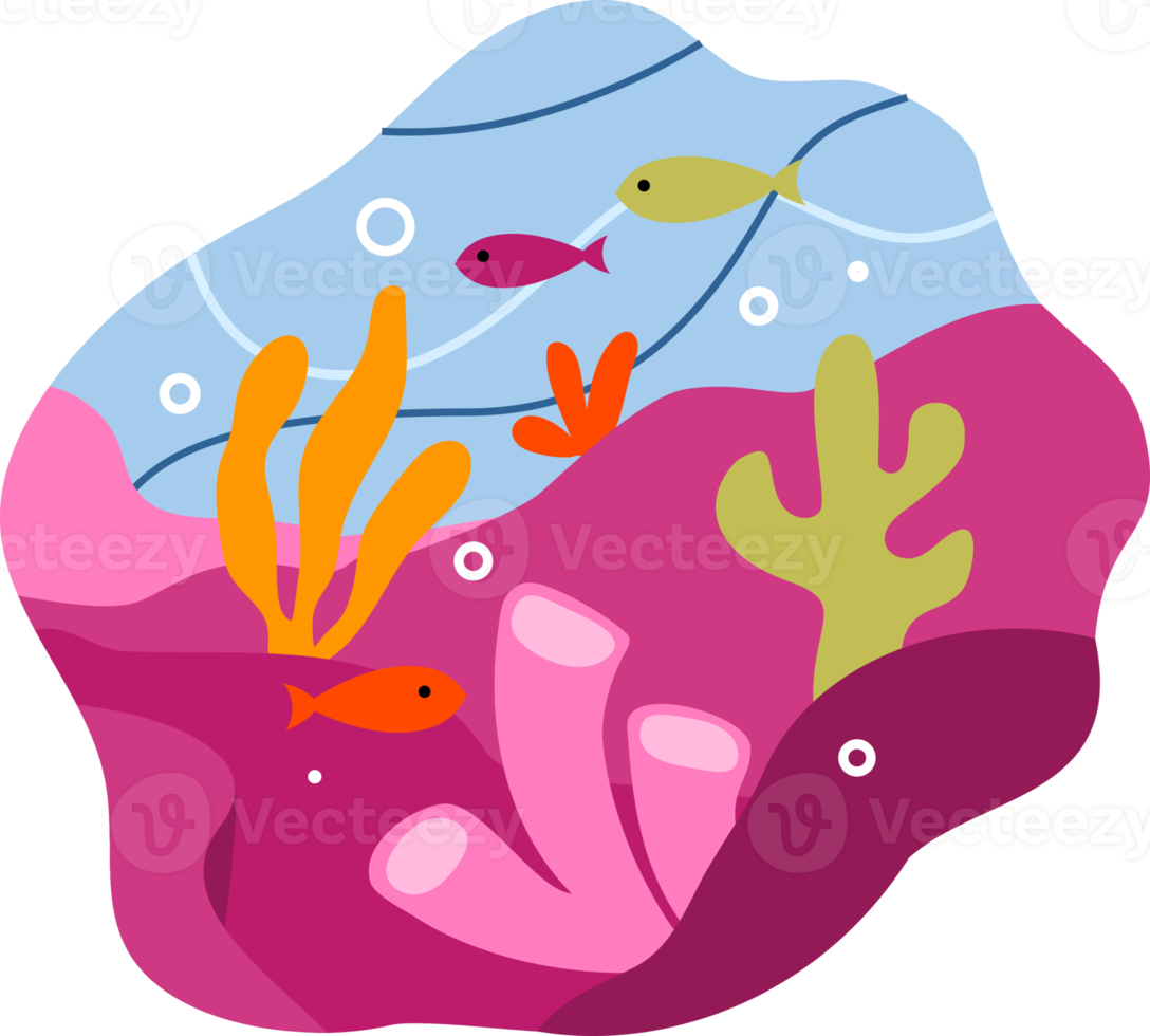 ilustración dibujada a mano de un paisaje del mundo submarino en estilo de dibujos animados. Lindas plantas submarinas de diseño plano y corales en el fondo del mar. png