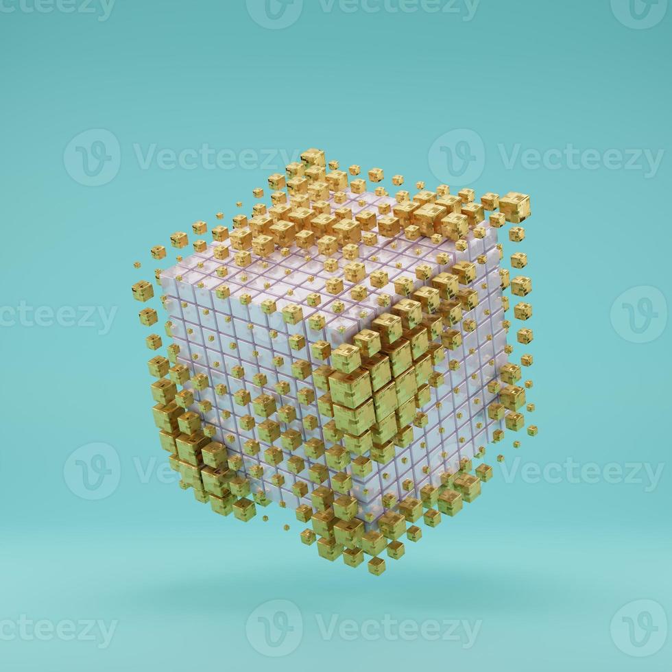 Abstract digital golden cube and moving elements with light green background. Concept of information technology, OLAP database cube, Database, Data analysis, Data mining. 3D rendering photo