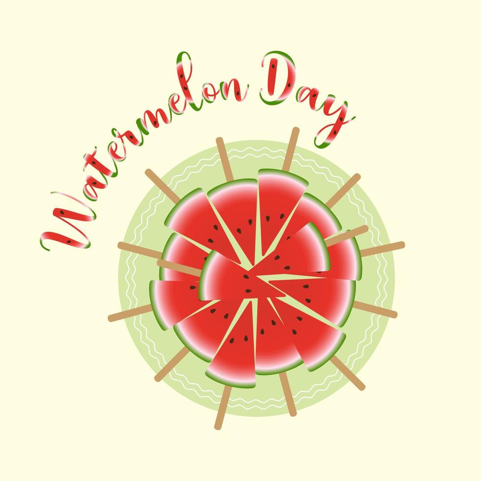 Watermelon day and watermelon colored letters, piece of watermelon on stick. vector