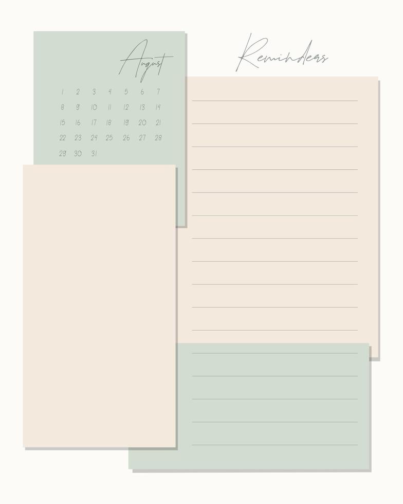 Reminders August Calendar 2022 To do list , template, blank, scrapbooking, plans, vintage. vector