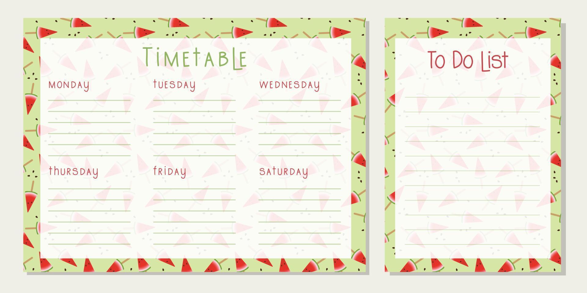 Timetable watermelon , Class schedule, weekly calendar , schedule. Organizer information template. Empty school timetable, Planning sheet planning. vector