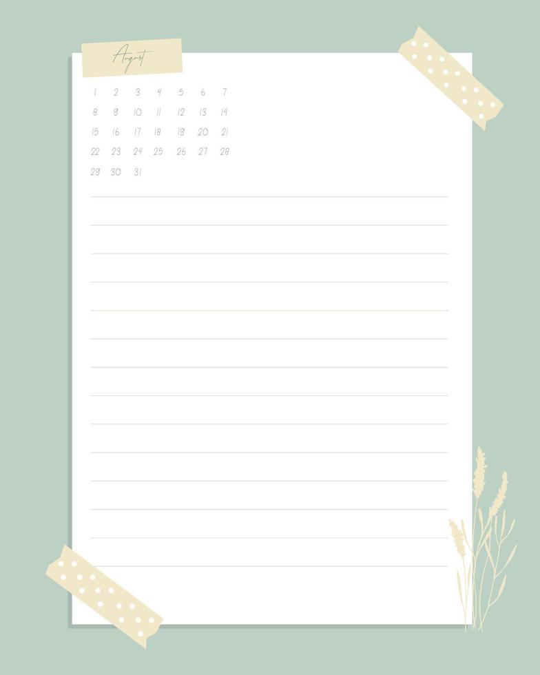 calendario de recordatorios agosto de 2022 para hacer lista, plantilla, en blanco, sello de lavanda, scrapbooking, planes, vintage. vector
