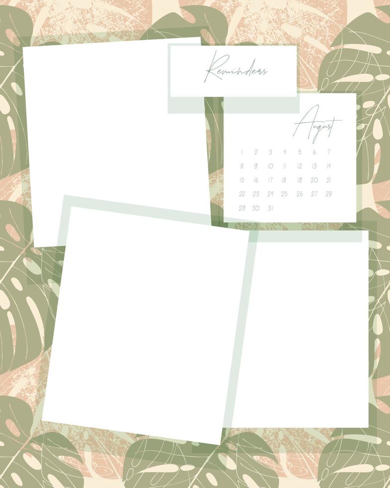 August 2022 calendar Reminders collage vintage scrapbooking on monstera leaves pattern background. vector