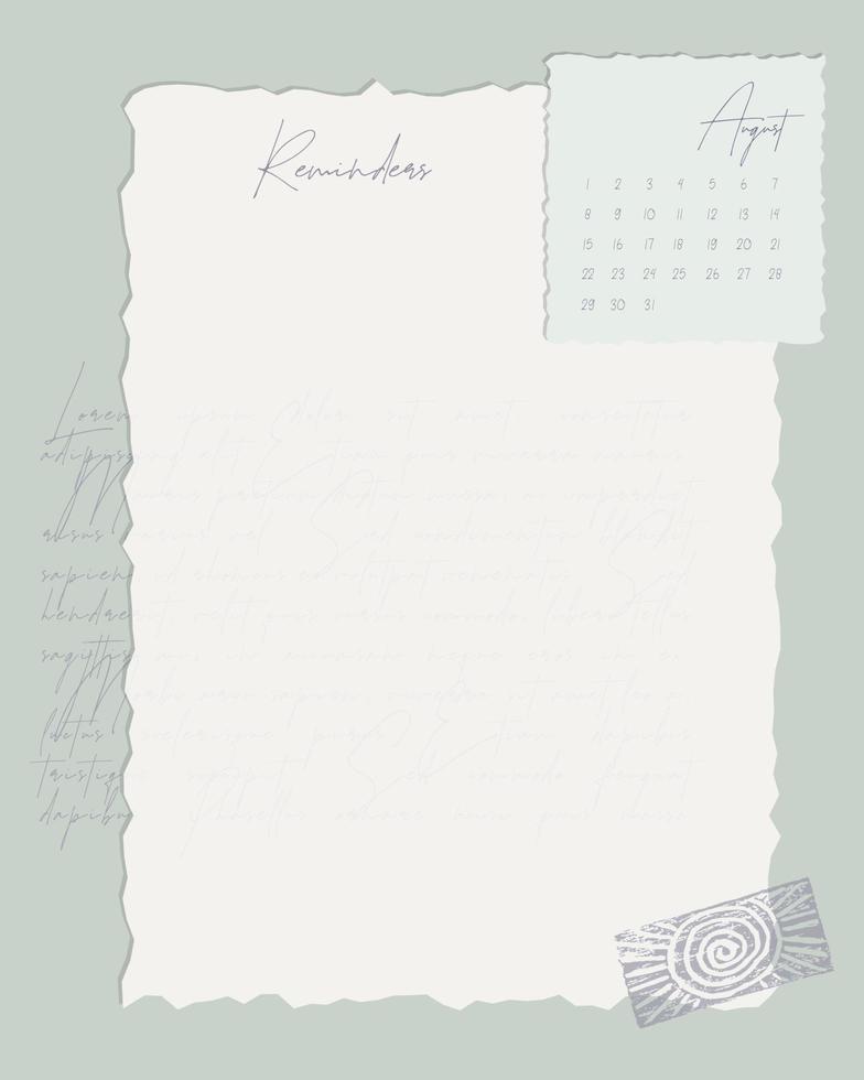 Reminders Calendar August 2022 To do list , template, blank, stamp, scrapbooking, plans, vintage. vector