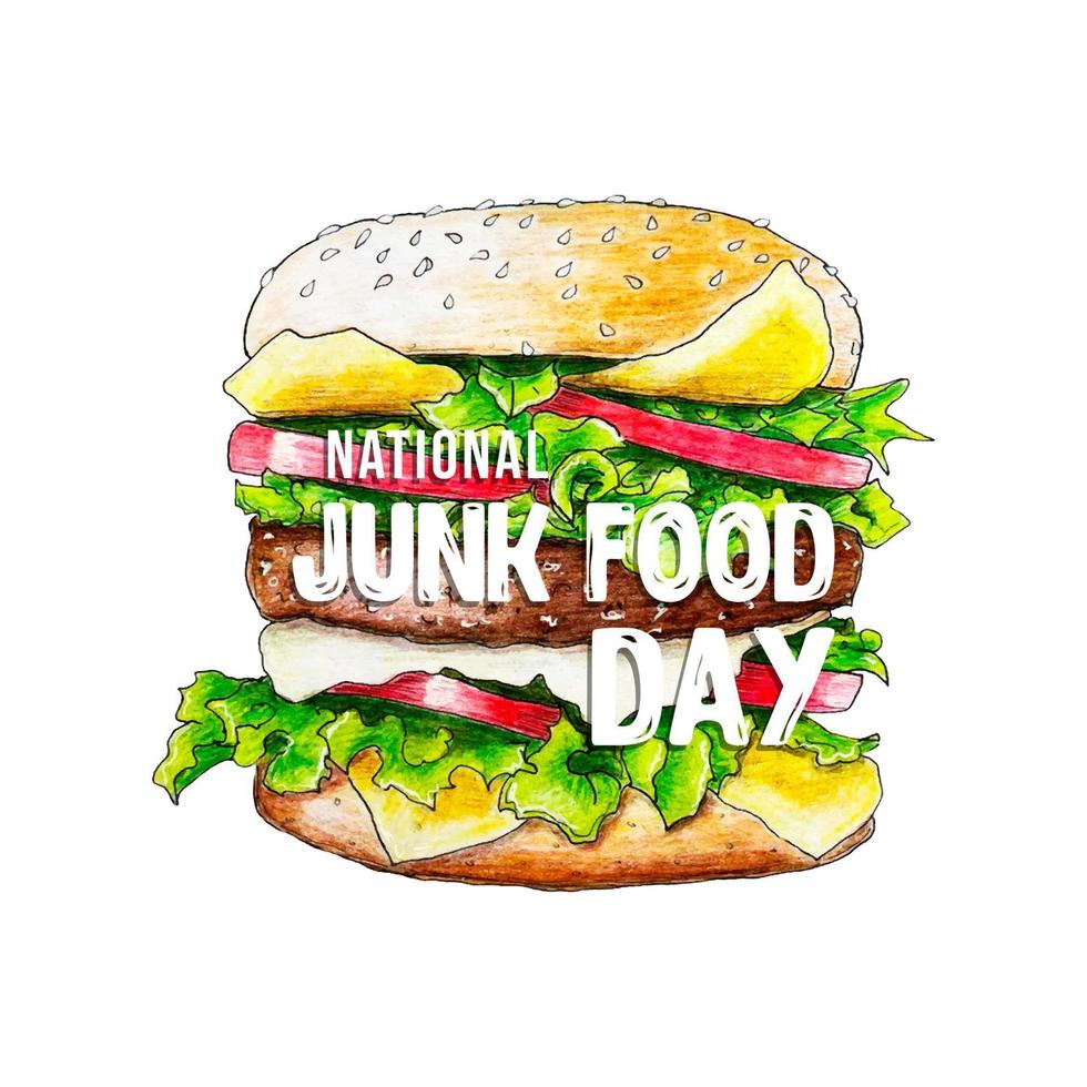 National Junk Food Day vector. Fast food burger pencil drawing junk food vector. American delicacy meal. Junk Food Day Poster, July 21. vector