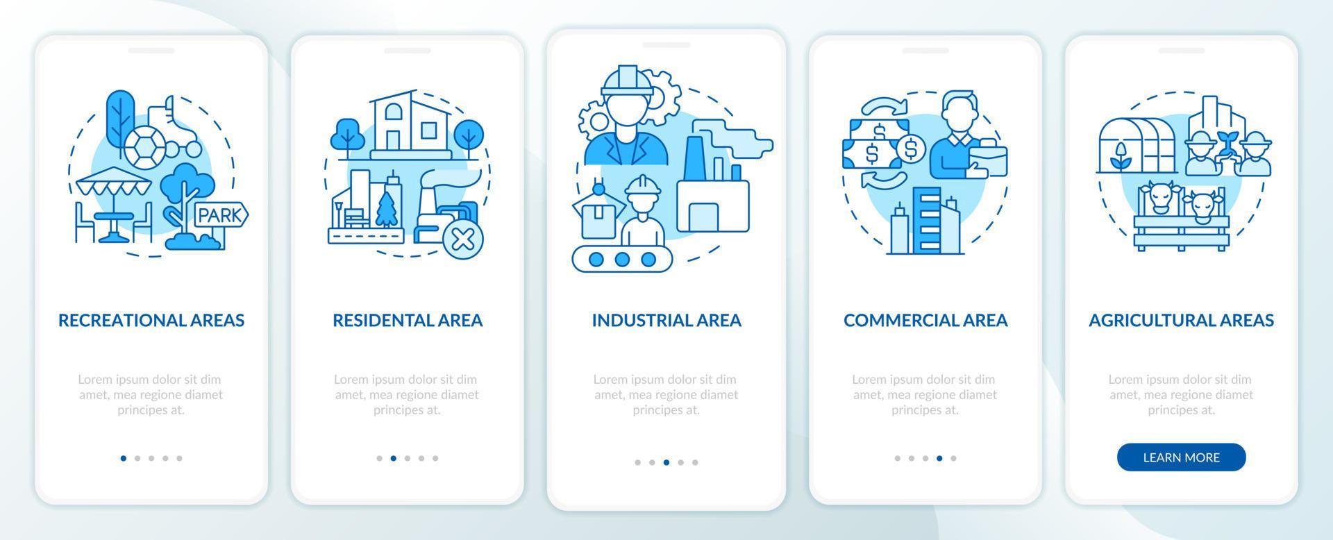 Different uses of land categories blue onboarding mobile app screen. Walkthrough 5 steps graphic instructions pages with linear concepts. UI, UX, GUI template vector