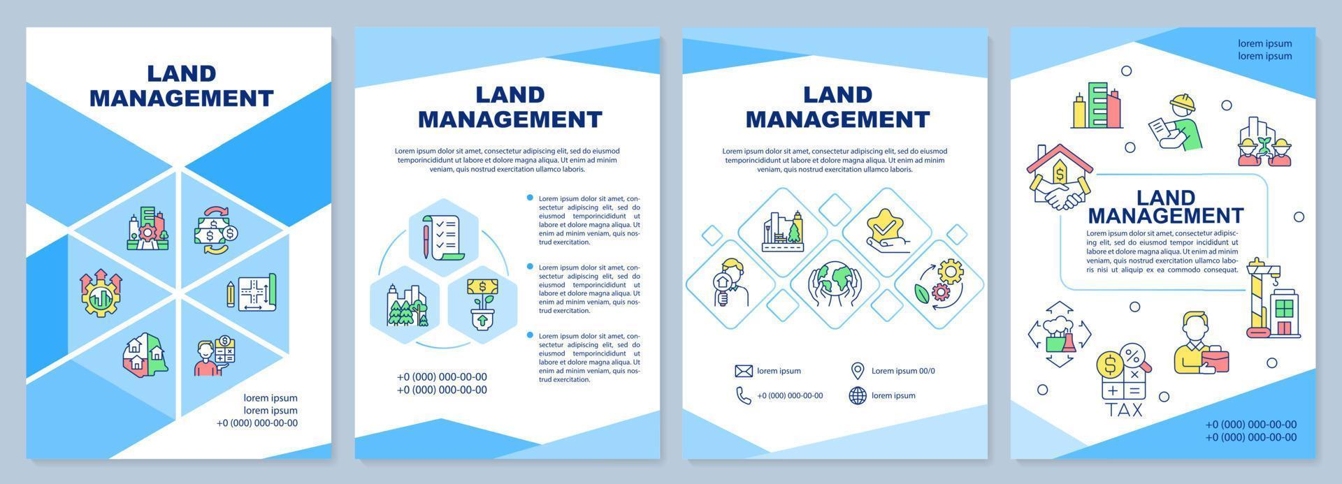 Land management blue brochure template. Safeguarding resources. Leaflet design with linear icons. 4 vector layouts for presentation, annual reports