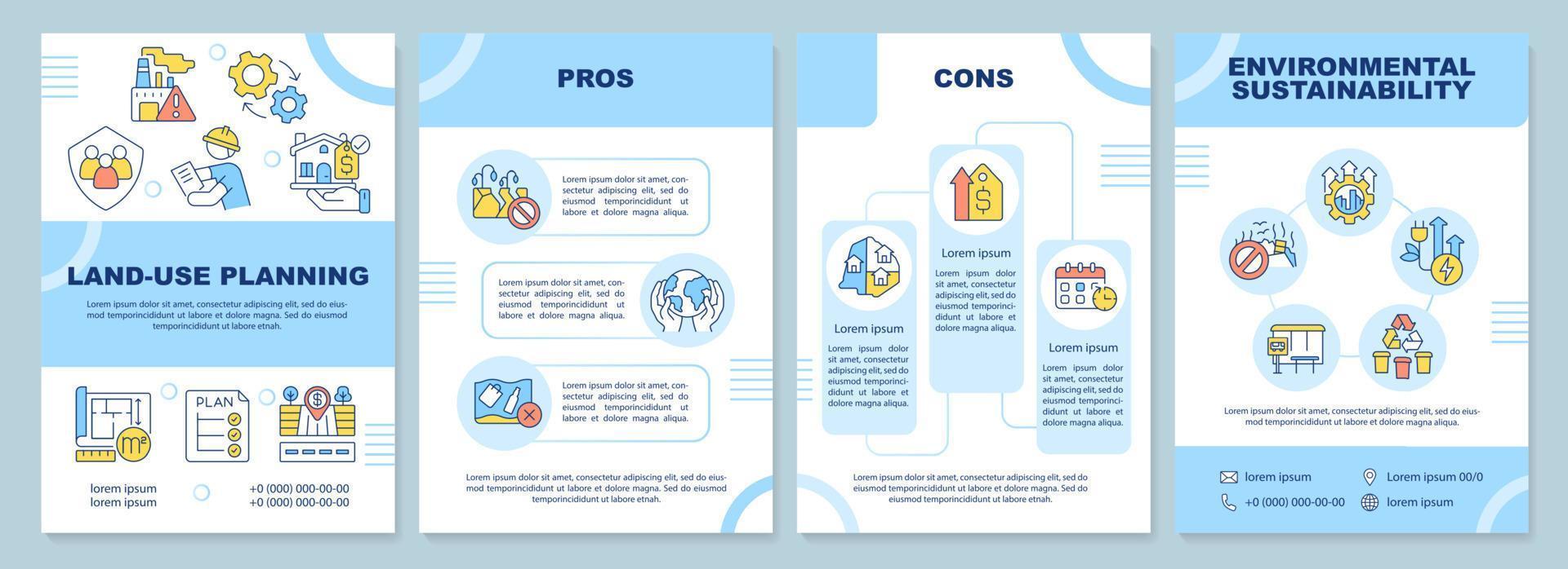 Land-use planning blue brochure template. Environmental sustainability. Leaflet design with linear icons. 4 vector layouts for presentation, annual reports