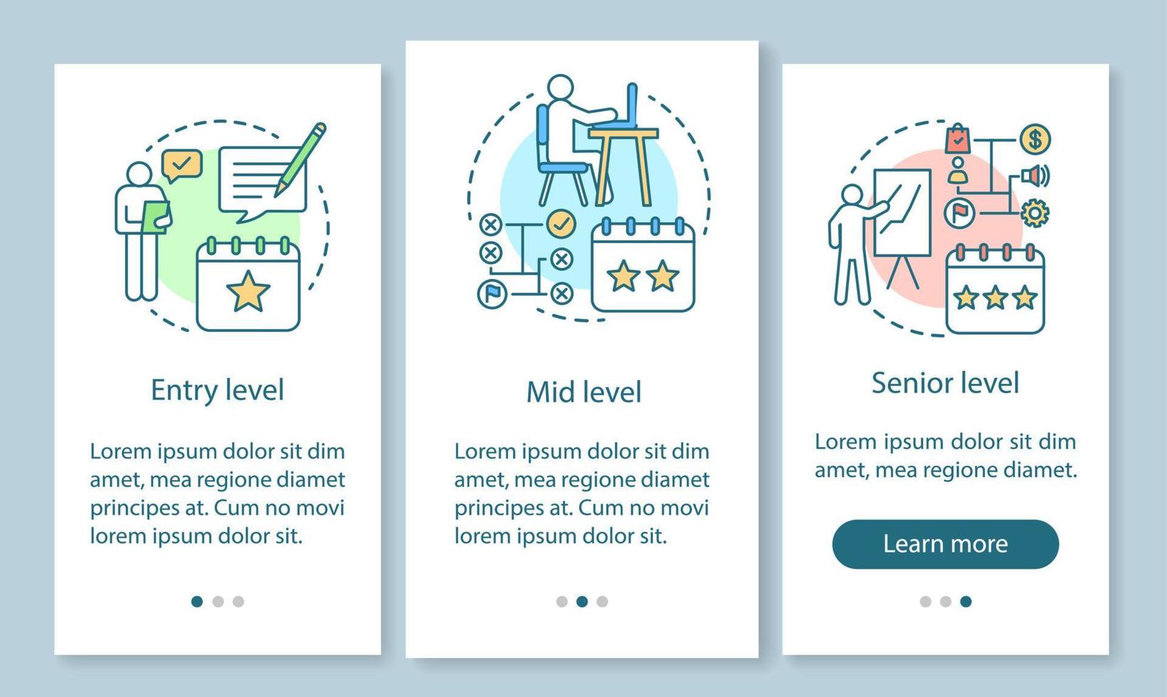 Work experience onboarding mobile app page screen with linear concepts. Position, status. Entry, mid, senior level walkthrough steps graphic instructions. UX, UI, GUI vector template with icons