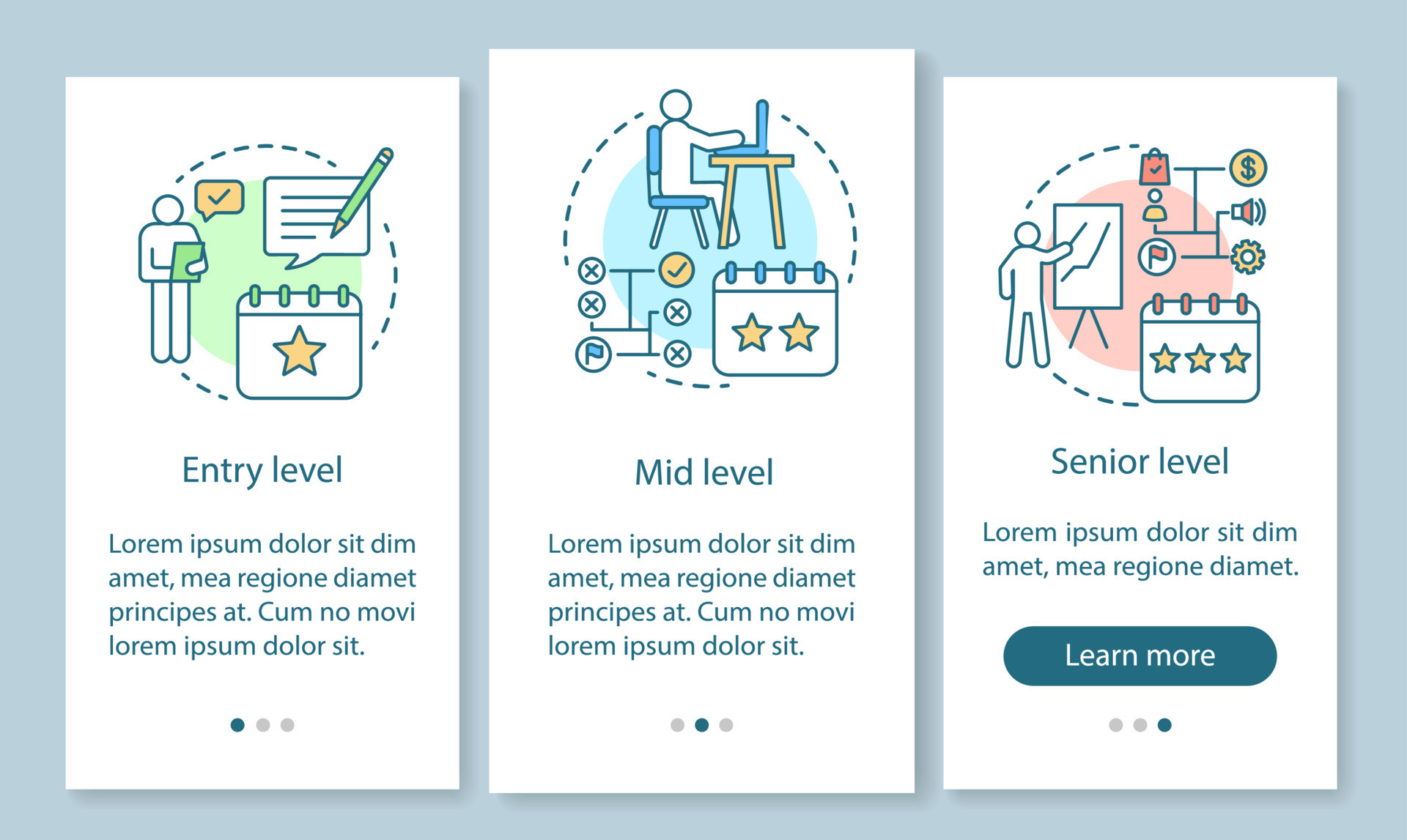 Work experience onboarding mobile app page screen with linear concepts