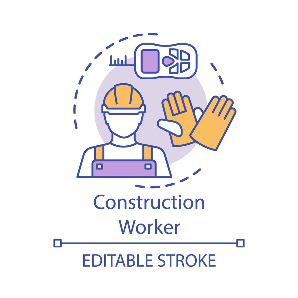 Construction worker concept icon. Builder, laborer idea thin line illustration. Repair, maintenance employee. Hard hat worker, handyman. Manual labour. Vector isolated outline drawing. Editable stroke