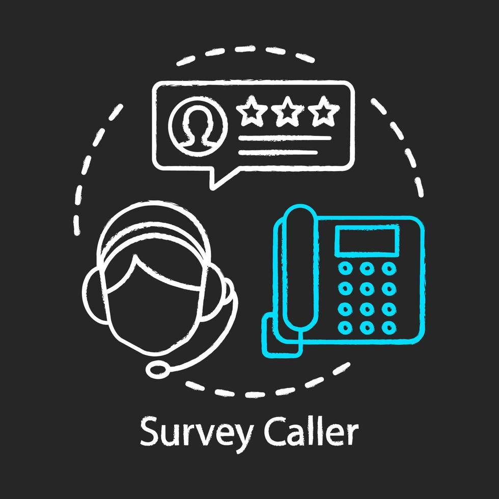 Survey caller chalk icon. Call center agent. Operator with headset, consultant manager. Client services and communication. Automated phone surveys. Isolated vector chalkboard illustration