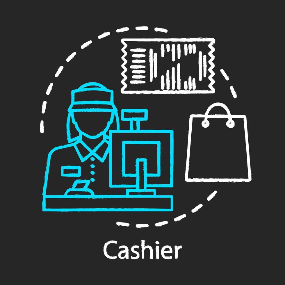 Cashier chalk icon. Counter, shop employee. Retail store staff. Checkout operator. Sales clerk at store. Seller, saleswoman behind the cash register. Isolated vector chalkboard illustration