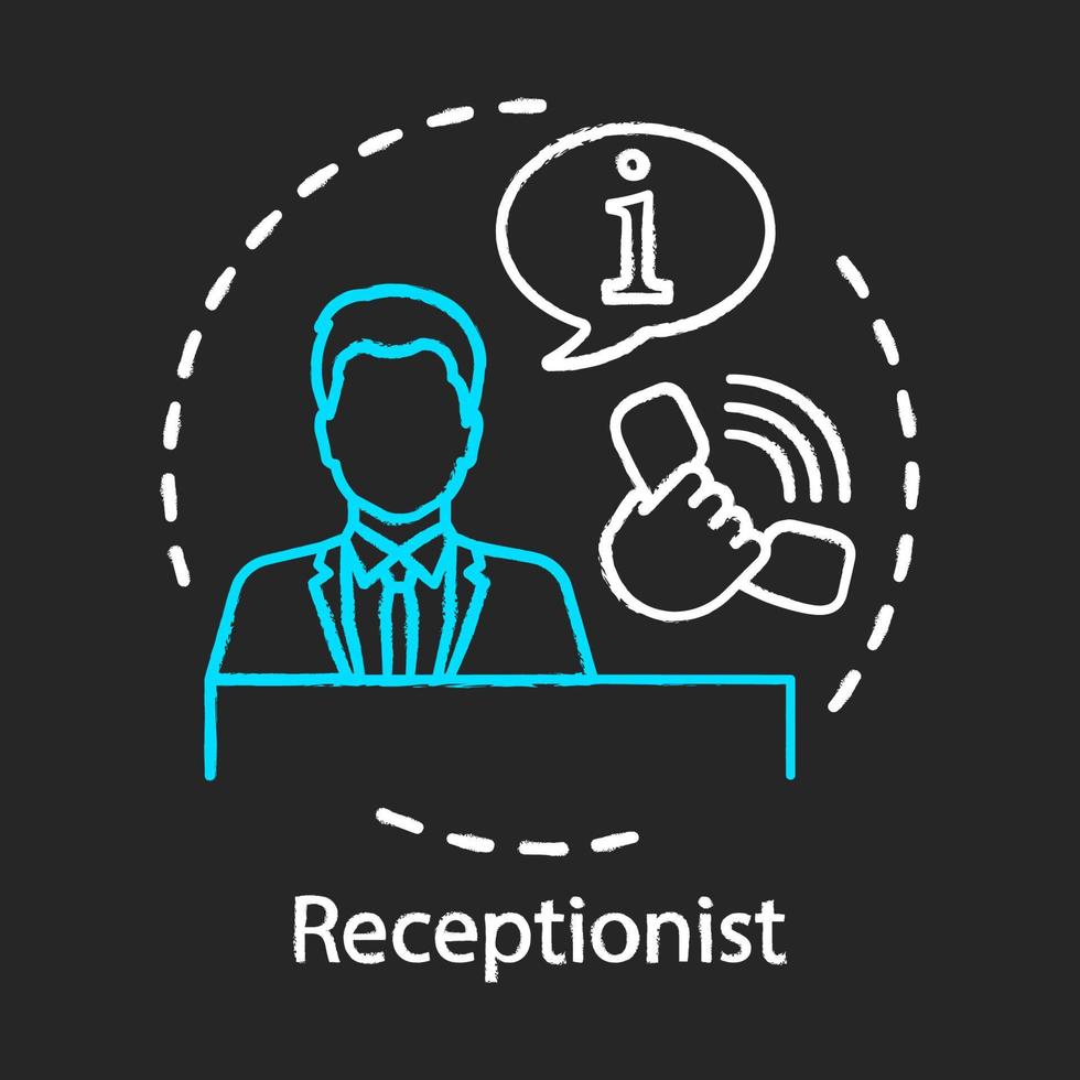 icono de tiza de recepcionista. secretaria, gerente, asistente. centro de llamadas, servicio de asistencia, centro de información. reservación de hotel. servicio de recepción ilustración de pizarra de vector aislado