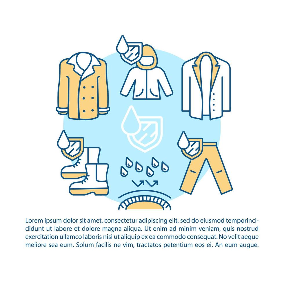 Rainproof clothes article page vector template. Brochure, magazine, booklet design element with linear icons and text boxes. Waterproof footwear Print design. Concept illustrations with text space ..