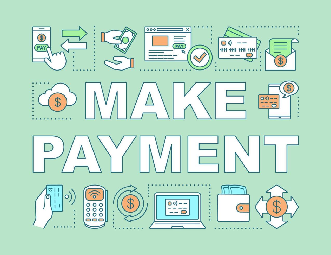 Make payment word concepts banner. Money transfer. E-payment. Transaction, mobile banking. Digital wallet. Presentation, website. Isolated lettering typography idea. Vector outline illustration