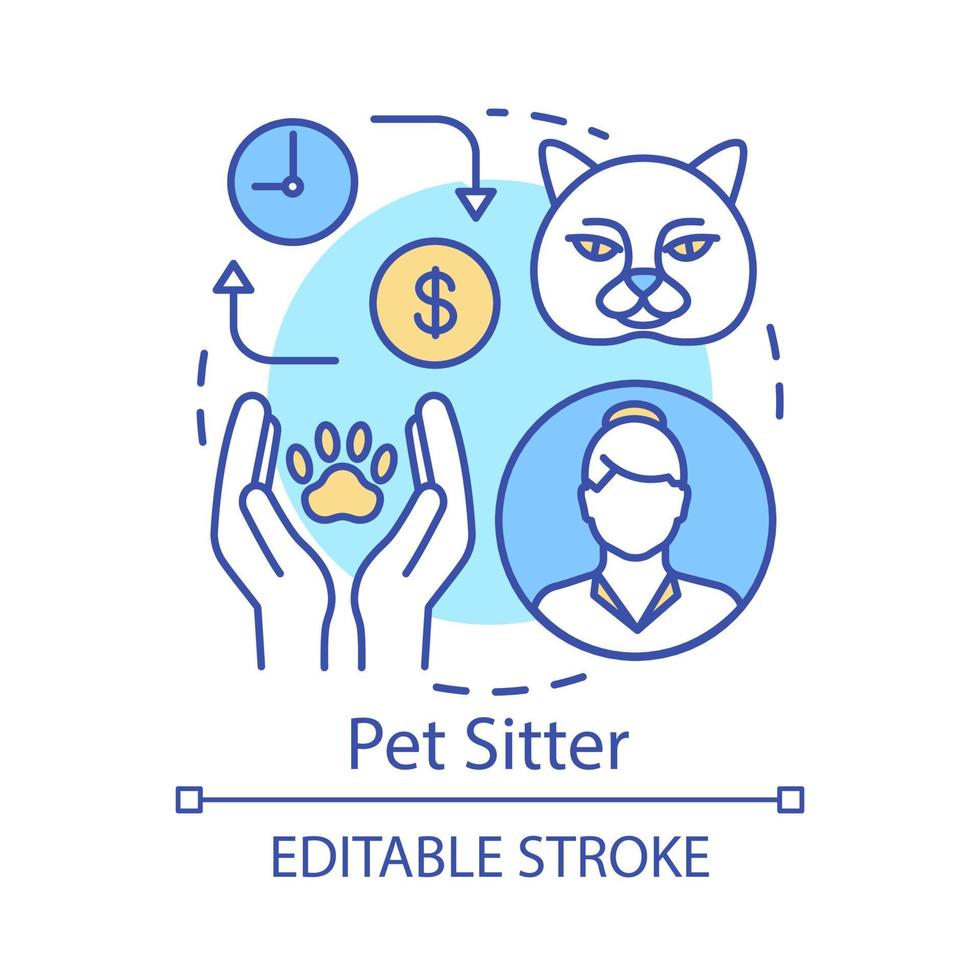 Pet sitter concept icon. Domestic animal care idea thin line illustration. Part time job. Temporary employment. Pet nanny, concierge, sitting service. Vector isolated outline drawing. Editable stroke