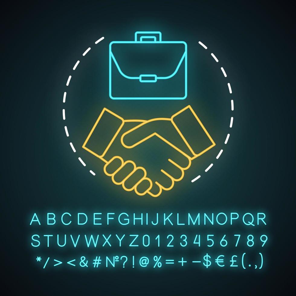 Welcome on board neon light concept icon. Successful deal, employment. Partnership, agreement. Handshake. Get job idea. Glowing sign with alphabet, numbers and symbols. Vector isolated illustration