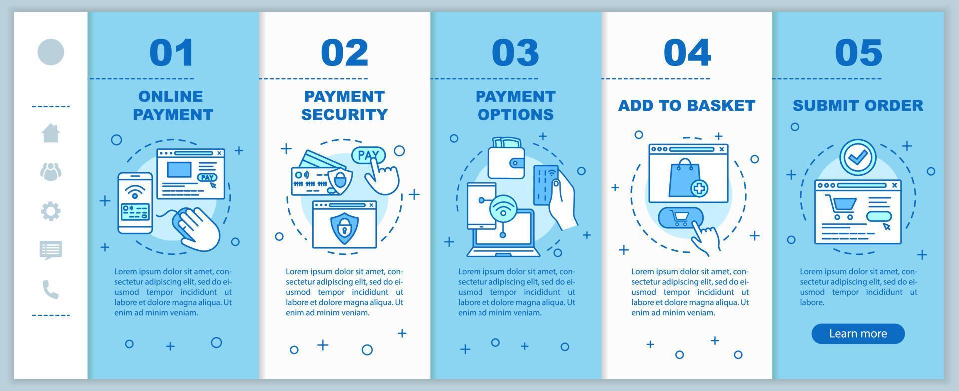 Plantilla de vector de páginas web móviles de incorporación de compras en línea. compra digital. comercio electrónico idea de interfaz de sitio web de teléfono inteligente sensible con iconos lineales. pantalla paso a paso del tutorial de la página web. concepto de color