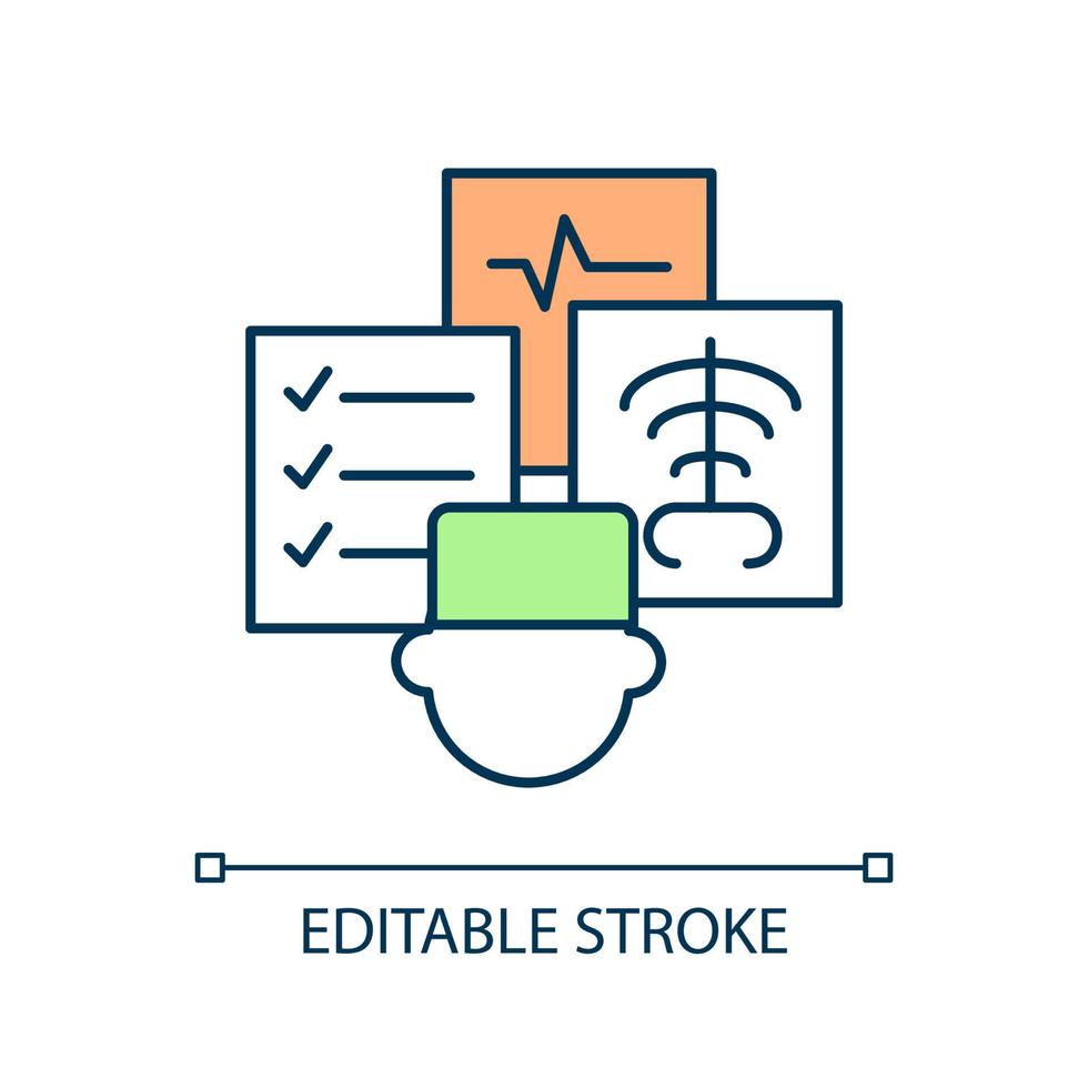 Medical check up RGB color icon. Medical examination. Healthcare. Specialist and doctor consultation. Isolated vector illustration. Simple filled line drawing. Editable stroke.