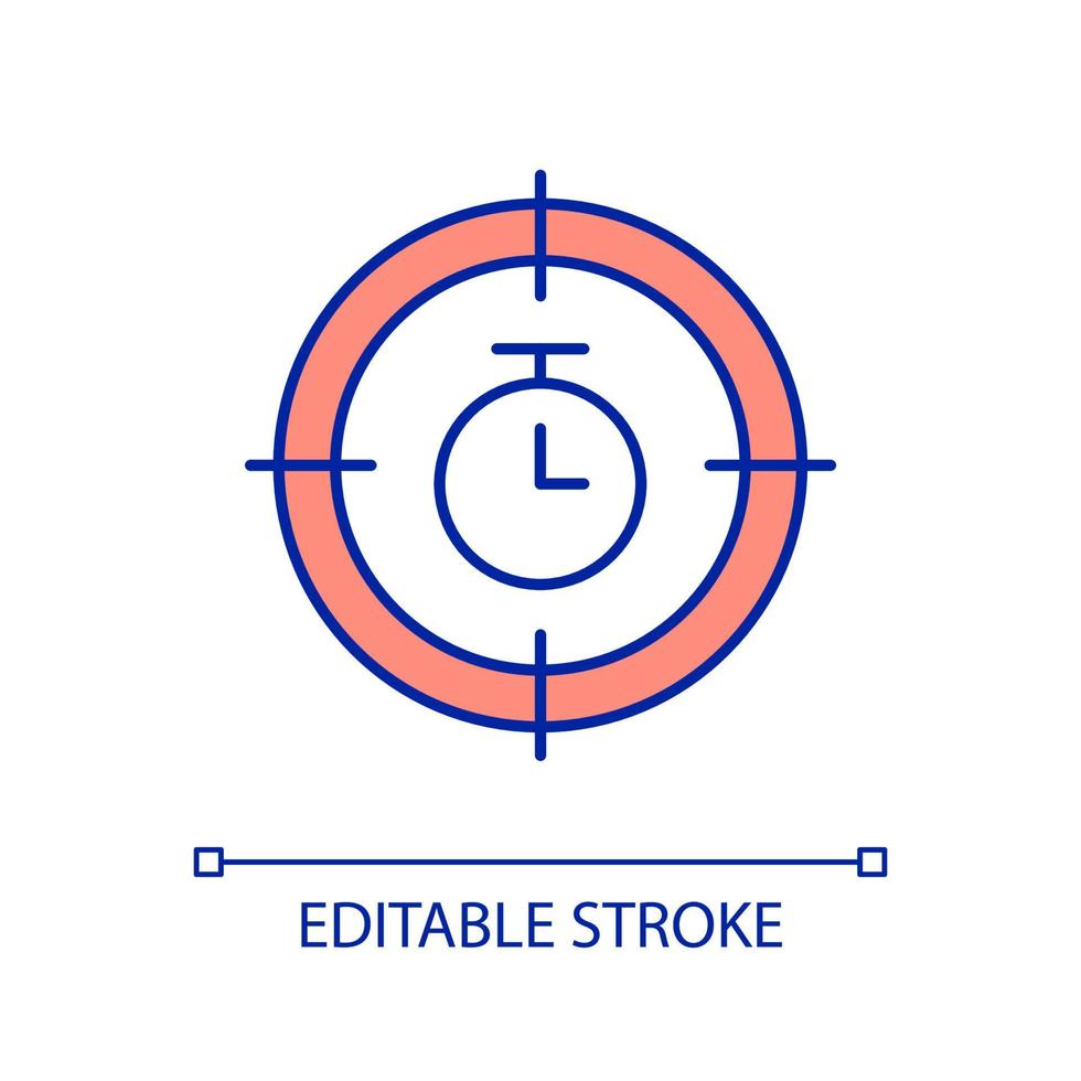 Time management RGB color icon. Aim and stopwatch. Control of time measuring. Target on productivity. Isolated vector illustration. Simple filled line drawing. Editable stroke.