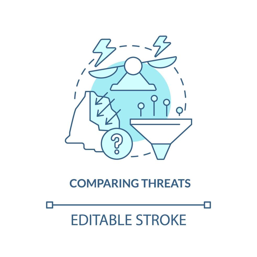 Comparing threats turquoise concept icon. Analysing risks. National security service abstract idea thin line illustration. Isolated outline drawing. Editable stroke. vector