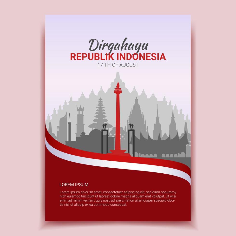 indonesia independence day poster decorated with wavy flags vector