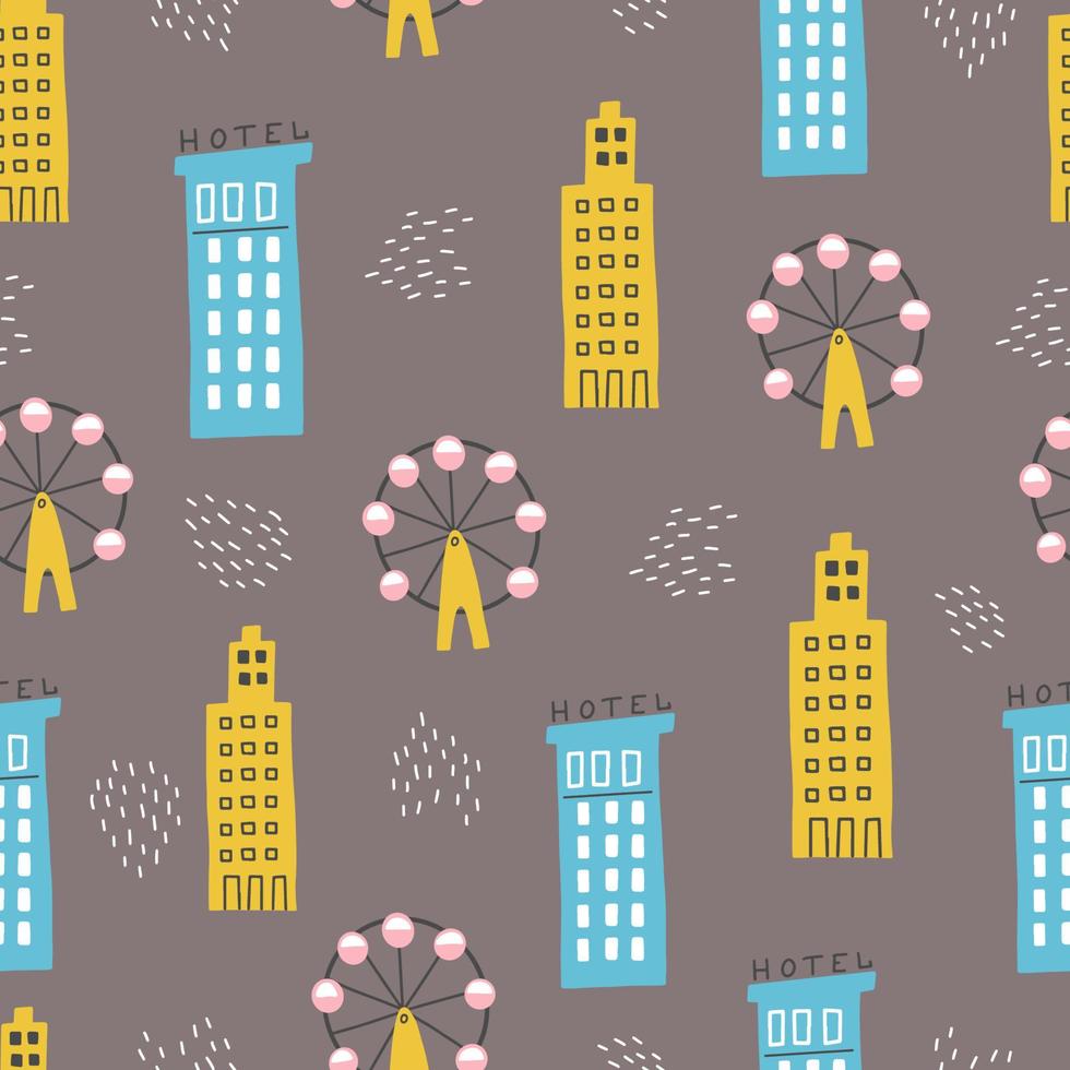 Seamless pattern of childish cartoon town for fabric, wallpaper design. vector