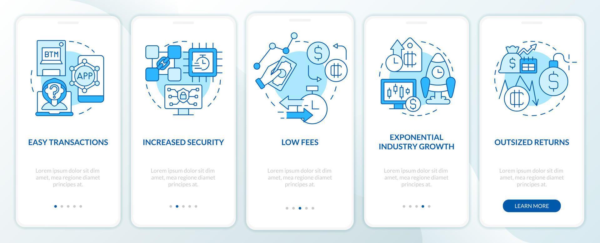 Las mayores ventajas de la criptomoneda pantalla azul de la aplicación móvil de incorporación. tutorial 5 pasos páginas de instrucciones gráficas con conceptos lineales. interfaz de usuario, ux, plantilla de interfaz gráfica de usuario vector