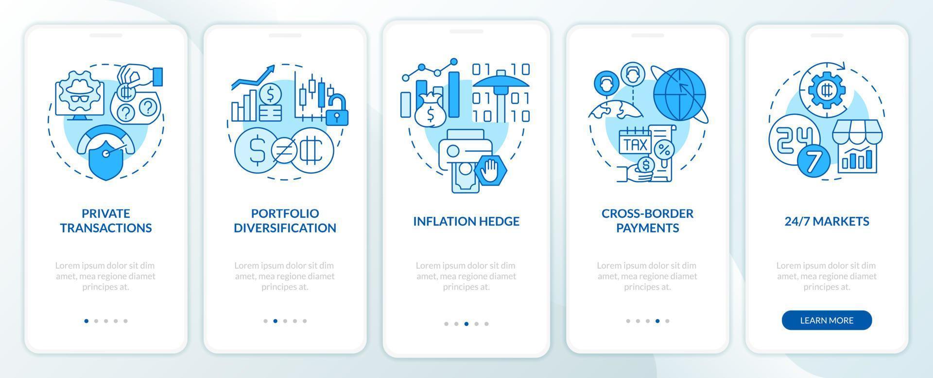 Cryptocurrency competitive edges blue onboarding mobile app screen. Walkthrough 5 steps graphic instructions pages with linear concepts. UI, UX, GUI template vector