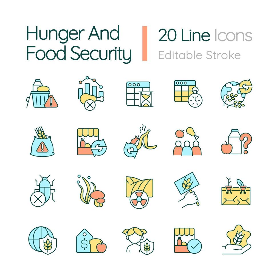 Hunger and food security RGB color icons set. Nutrition availability and access. Isolated vector illustrations. Simple filled line drawings collection. Editable stroke