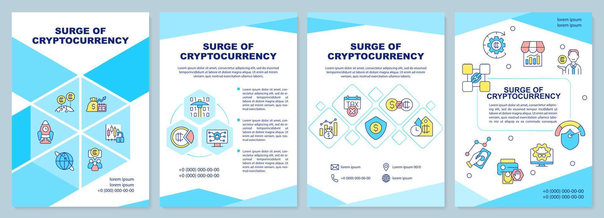 Surge of cryptocurrency turquoise brochure template. Popularity growth. Leaflet design with linear icons. 4 vector layouts for presentation, annual reports