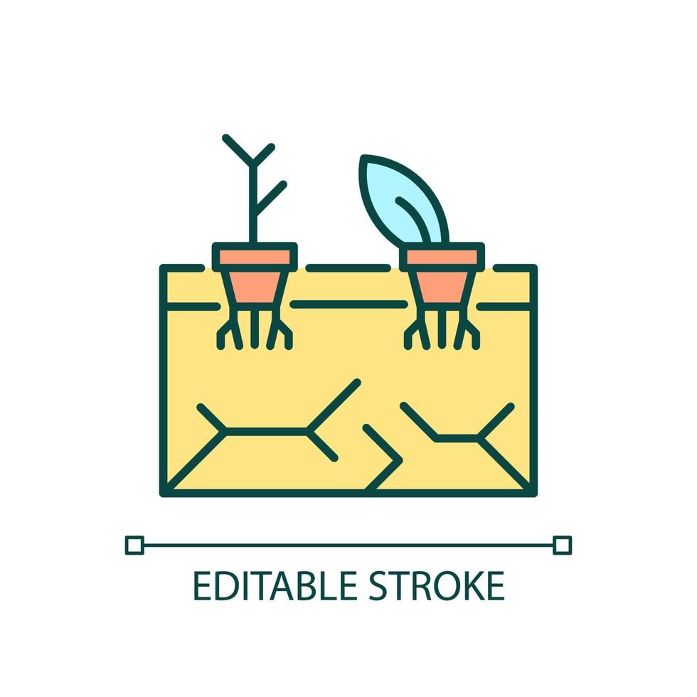 Land degradation RGB color icon. Soil fertility decline. Desertification and deterioration. Crops withering. Isolated vector illustration. Simple filled line drawing. Editable stroke