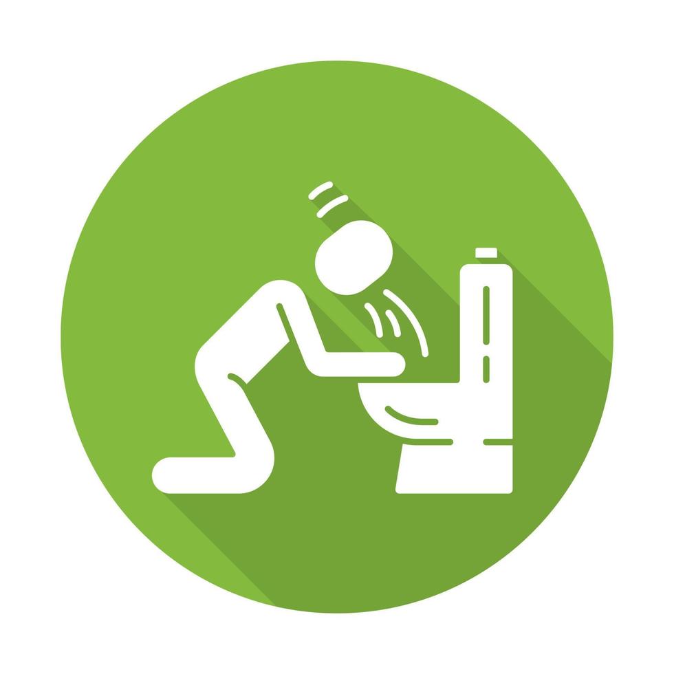 Vomiting, nausea flat design long shadow glyph icon. Allergy, food poisoning, hangover symptom. Bacterial, viral infection. Human throwing up, puking in bathroom. Vector silhouette illustration