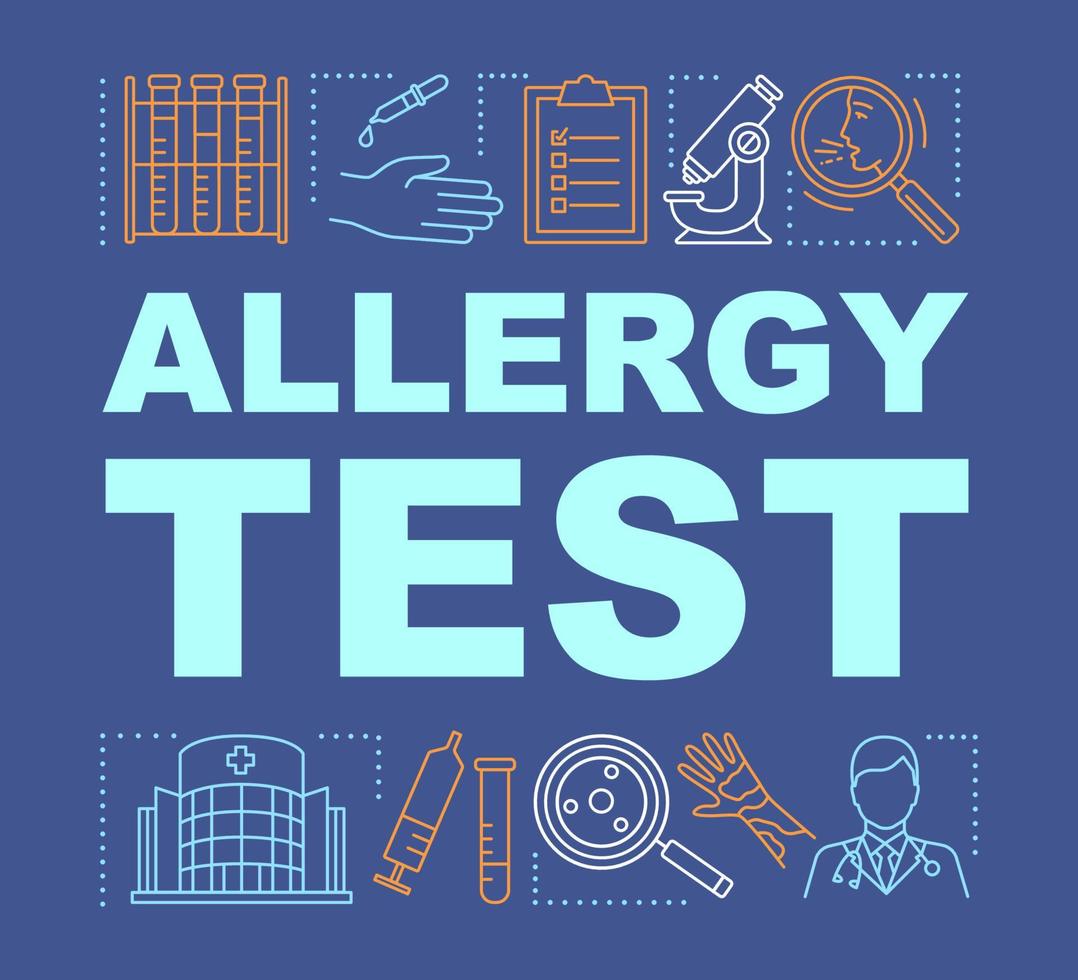 Allergy test word concepts banner. Allergic reactions diagnosis. Symptoms laboratory analysis. Presentation, website. Isolated lettering typography idea with linear icons. Vector outline illustration