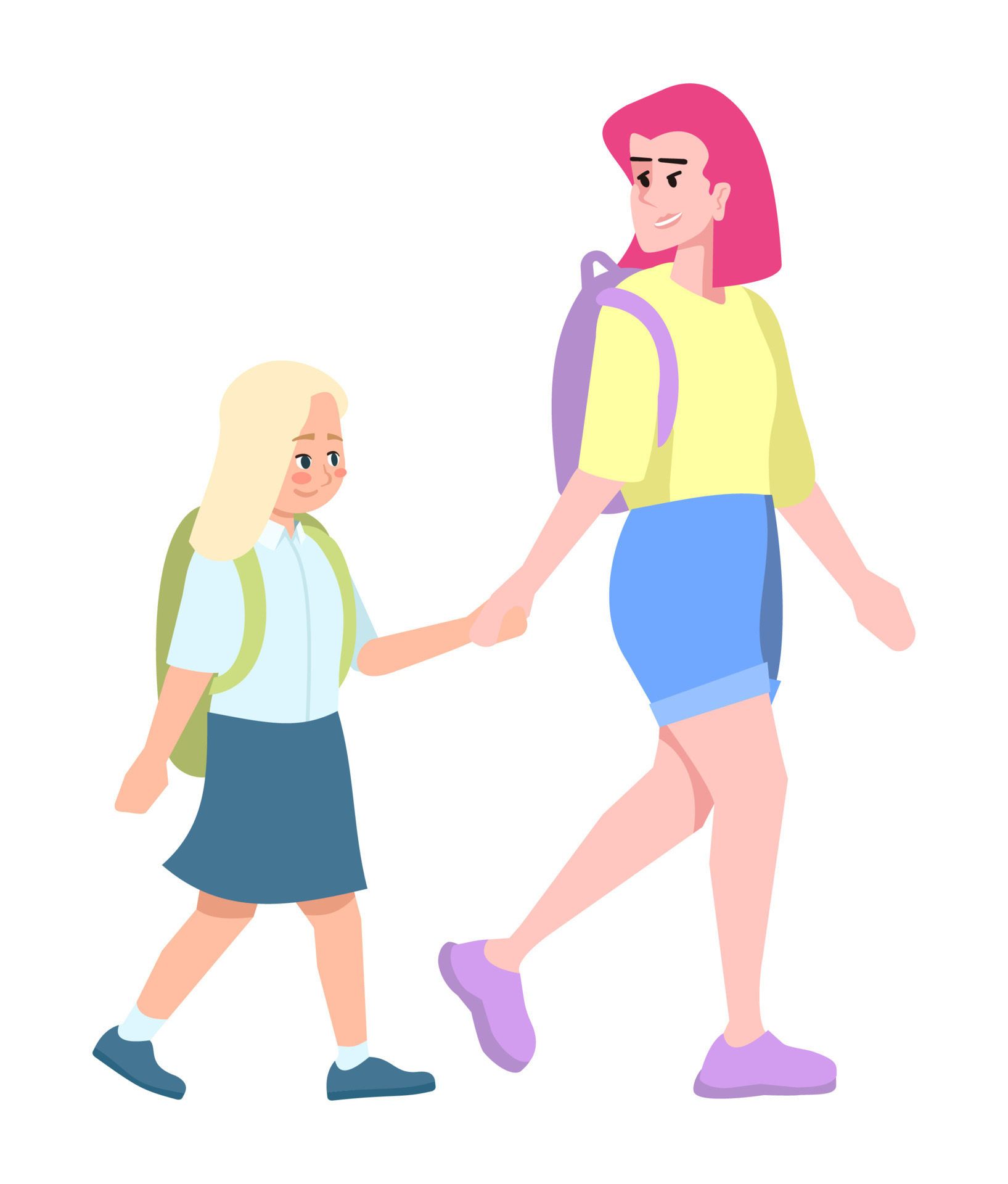 Young mother with blonde daughter going to school flat illustration. Happy  parent and school girl holding hands cartoon characters isolated on white.  Older and younger sisters with backpack walking 9342428 Vector Art
